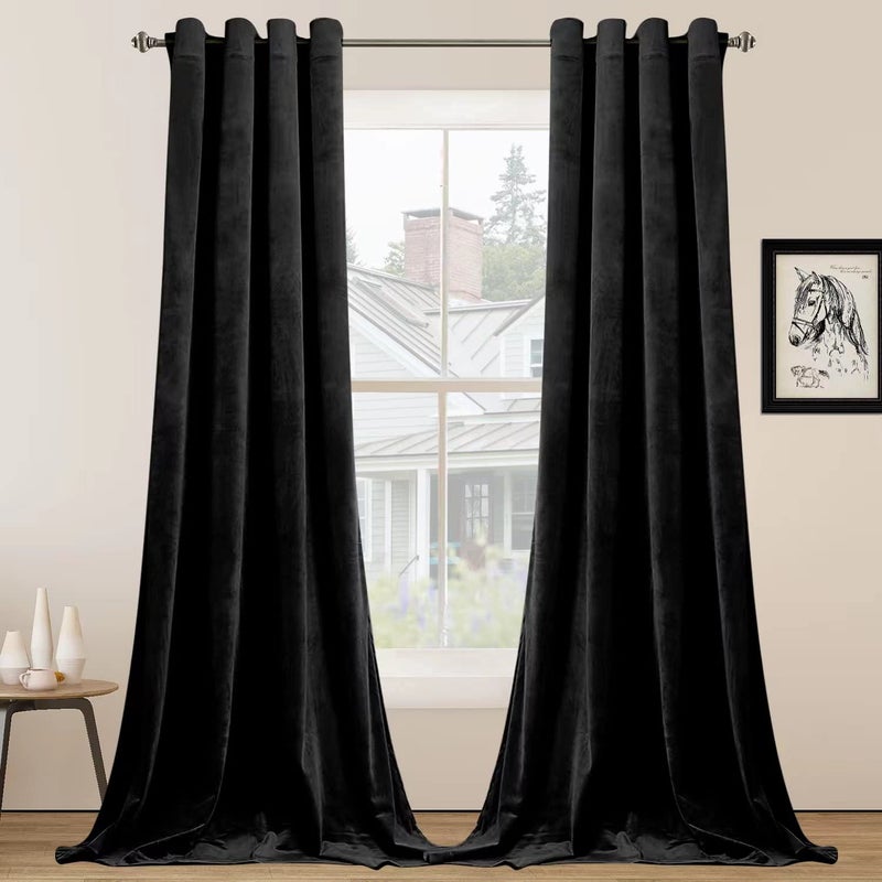 SMILETIME Black 96 in Long Velvet Curtains with Grommet, Thermal Insulated Super Soft Privacy Noise Reducing Light Filtering Velvet Curtains for Living Room, 2 Panels, Each 52 x 96 inches Long - Image 1